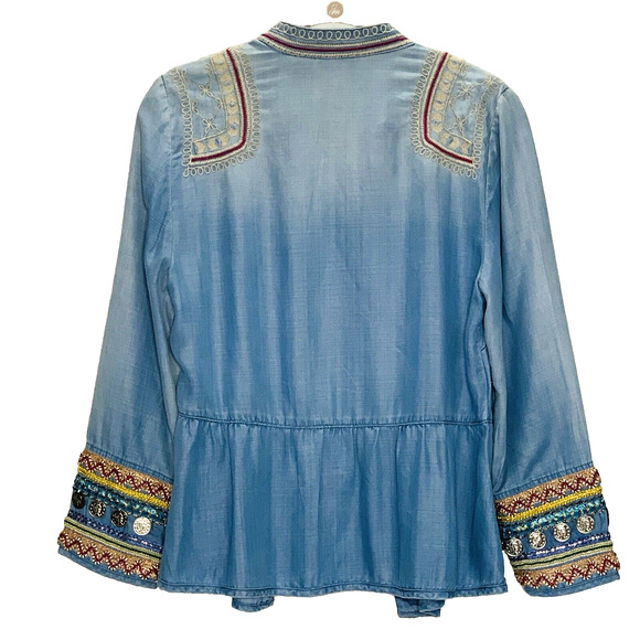CHICO'S Chambray Jacket Sz 0 (US Small/4) Embroidered Beaded Coin Open Front EUC - Picture 4 of 12